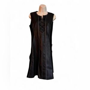 slim fit dress slacks Mesh And Faux Leather Flare Dress  bebe